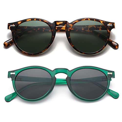 Gleyemor Vintage Polarized Sunglasses for Men UV400 Protection Retro Round Sunglasses (Tortoise Frame/Green Lens + Green Frame/Grey Lens) - Image 3
