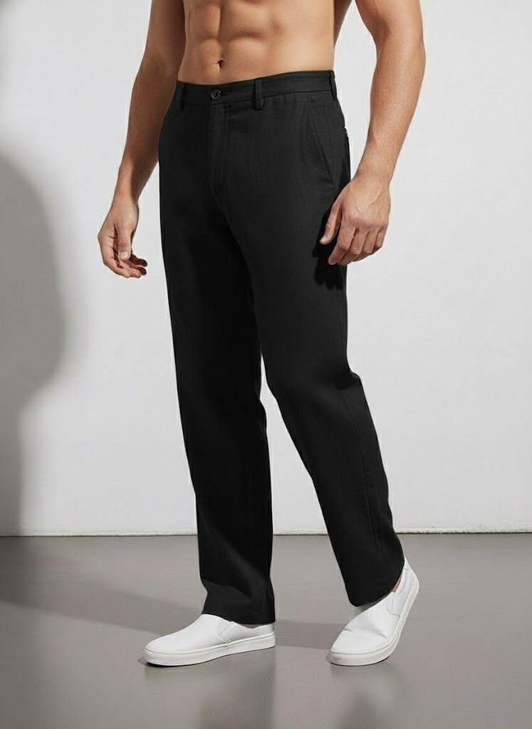 SMOWKLY Casual Trousers for Men |Men’s Regular Fit Straight Pants |Comfortable Stylish Trousers for Men |Soft Fabric Chinos for Everyday Wear, Travel & Office |Linen Cotton Bottom Wear(1692_BK_38) - Image 3