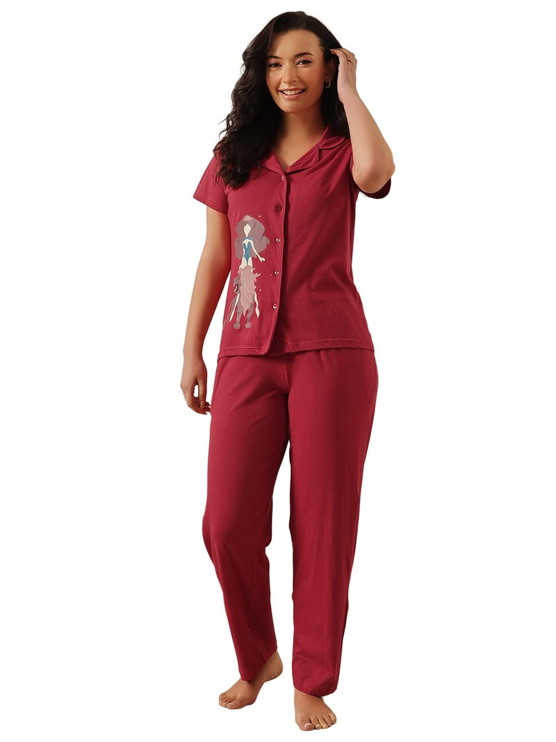 Clovia Women's Cotton Pretty Print Button Me Up Shirt & Pyjama Set (LS0025G09_Maroon_L) - Image 1