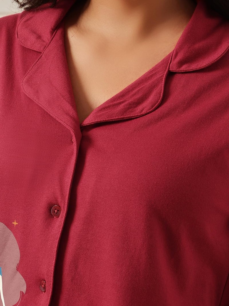 Clovia Women's Cotton Pretty Print Button Me Up Shirt & Pyjama Set (LS0025G09_Maroon_L) - Image 3