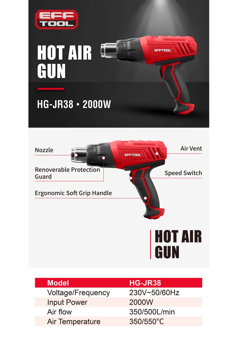 EFFTOOL مسدس حرارة إيفتول 2000 واط، درجة حرارة قابلة للتعديل من 50°C إلى 550°C، مسدس هواء ساخن احترافي مع فوهات وكاشط للاستخدام المنزلي، الحرف اليدوية، التغليف بالانكماش، وإزالة الطلاء - Image 3