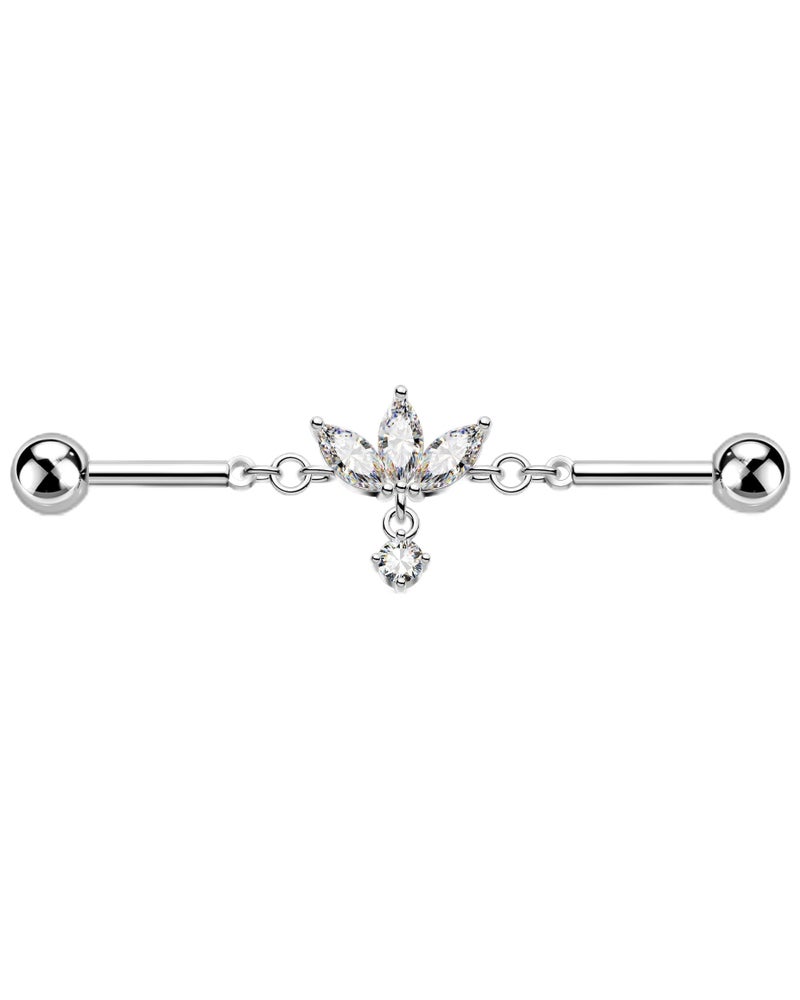COCHARM 14g Lotus Flower Industrial Piercing Jewelry 38mm Length Dangle Industrial Bar Cute Silver Tone Surgical Steel Industrial Earring for Women - Image 1