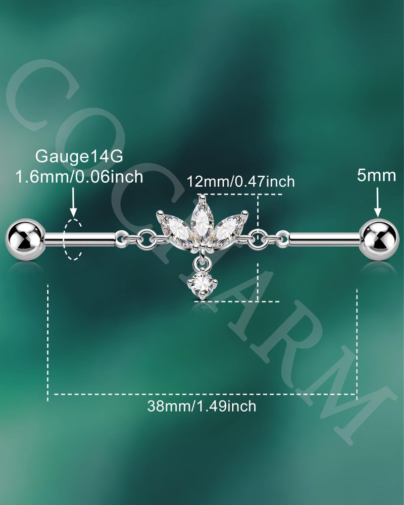 COCHARM 14g Lotus Flower Industrial Piercing Jewelry 38mm Length Dangle Industrial Bar Cute Silver Tone Surgical Steel Industrial Earring for Women - Image 3