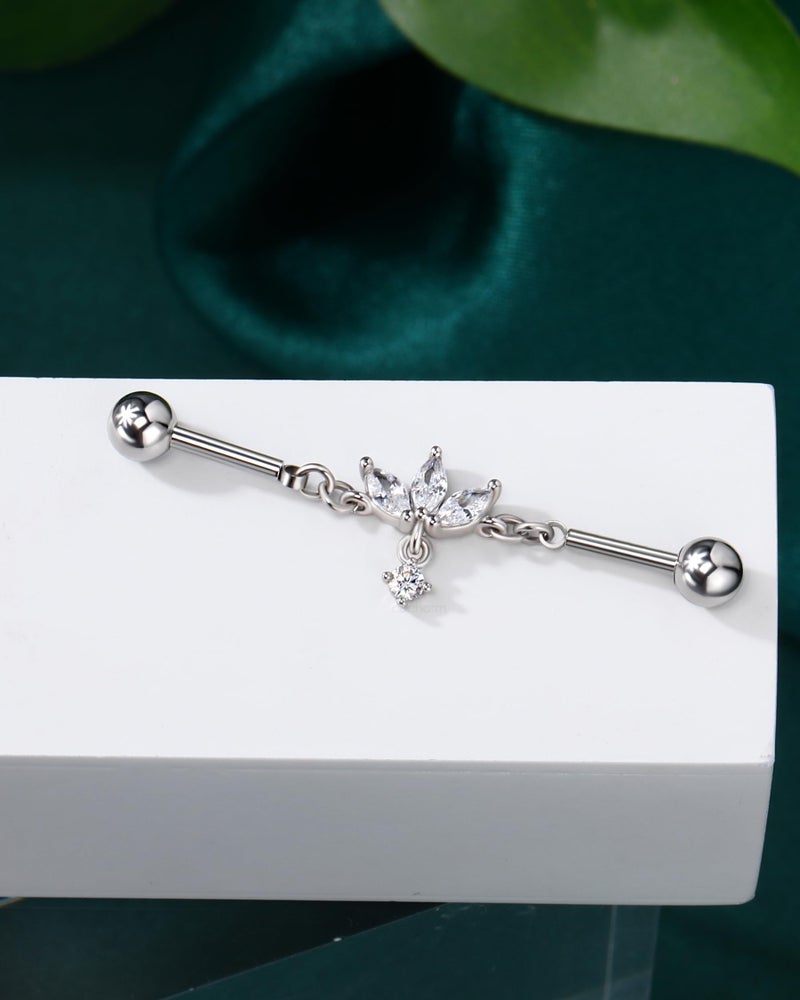 COCHARM 14g Lotus Flower Industrial Piercing Jewelry 38mm Length Dangle Industrial Bar Cute Silver Tone Surgical Steel Industrial Earring for Women - Image 5