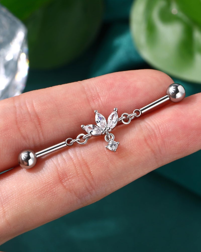 COCHARM 14g Lotus Flower Industrial Piercing Jewelry 38mm Length Dangle Industrial Bar Cute Silver Tone Surgical Steel Industrial Earring for Women - Image 4