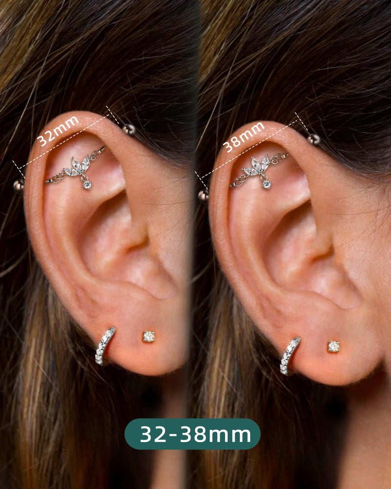 COCHARM 14g Lotus Flower Industrial Piercing Jewelry 38mm Length Dangle Industrial Bar Cute Silver Tone Surgical Steel Industrial Earring for Women - Image 2