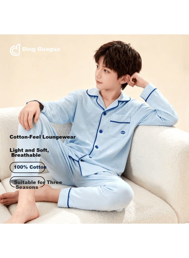 Top melon Dingguagua Children's Long Sleeve Pajama Set Spring Summer Pure Cotton Boys Homewear Class A Breathable Big Boys Blue 120 - Image 1