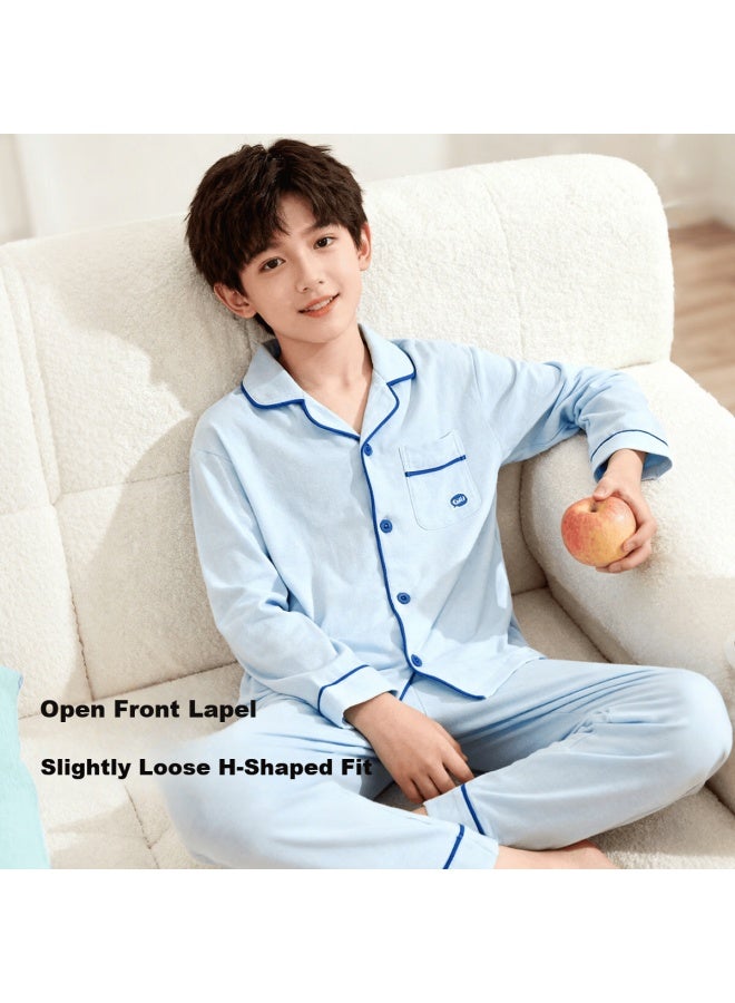Top melon Dingguagua Children's Long Sleeve Pajama Set Spring Summer Pure Cotton Boys Homewear Class A Breathable Big Boys Blue 120 - Image 2