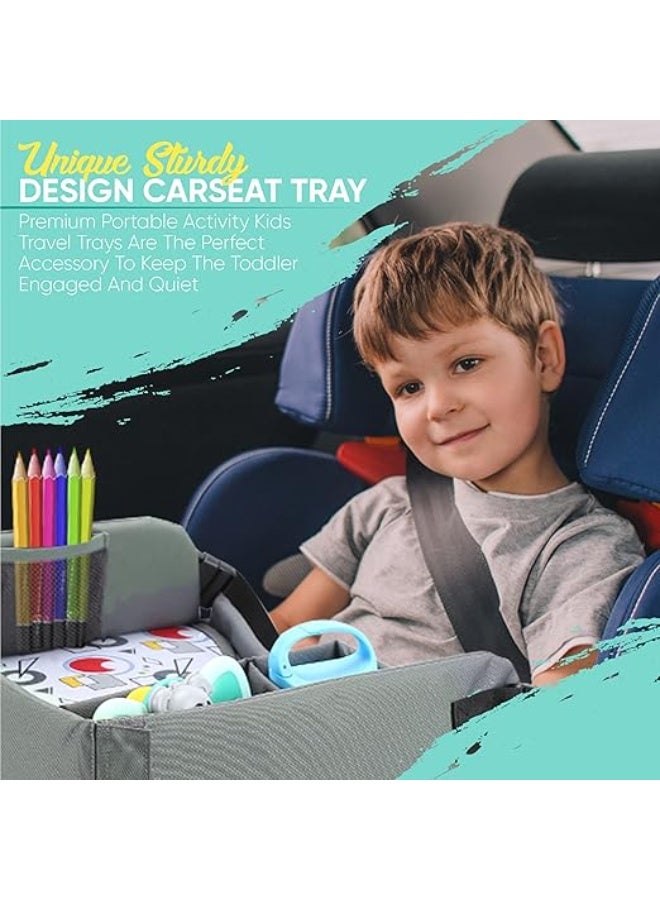 DUNISO Kids Travel Tray,Car Seat Tray for Kids Travel,Carseat Table For Kids Road Trip Activities with Storage Pockets & Dry Erase Board,Sturdy and Durable，for Kids Road Airplane Trip Activity - Image 4
