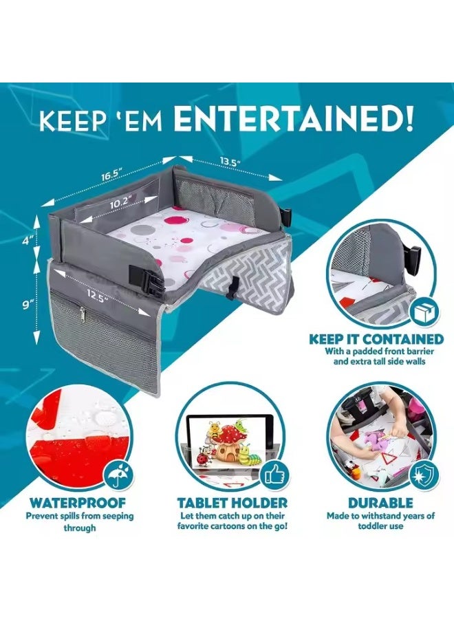 DUNISO Kids Travel Tray,Car Seat Tray for Kids Travel,Carseat Table For Kids Road Trip Activities with Storage Pockets & Dry Erase Board,Sturdy and Durable，for Kids Road Airplane Trip Activity - Image 2