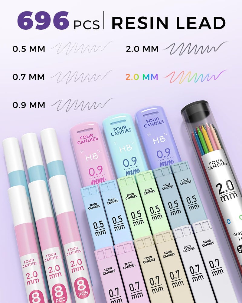 Four Candies 42PCS Aesthetic School Supplies, Mechanical Pencil Set 0.5mm, 0.7mm, 0.9mm, 2.0mm with 696 Lead Refills, Pastel Mechanical Pencils for Writing, Drawing & Drafting (Cream) - Image 3