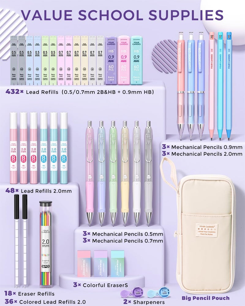 Four Candies 42PCS Aesthetic School Supplies, Mechanical Pencil Set 0.5mm, 0.7mm, 0.9mm, 2.0mm with 696 Lead Refills, Pastel Mechanical Pencils for Writing, Drawing & Drafting (Cream) - Image 4