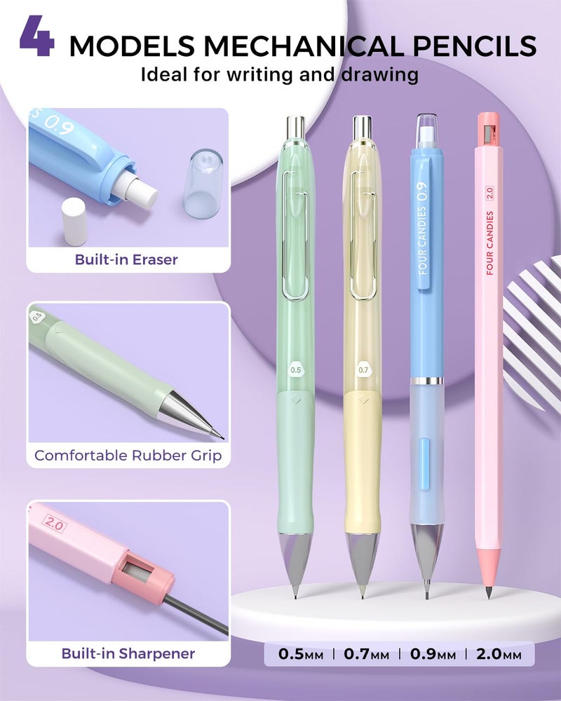 Four Candies 42PCS Aesthetic School Supplies, Mechanical Pencil Set 0.5mm, 0.7mm, 0.9mm, 2.0mm with 696 Lead Refills, Pastel Mechanical Pencils for Writing, Drawing & Drafting (Cream) - Image 2