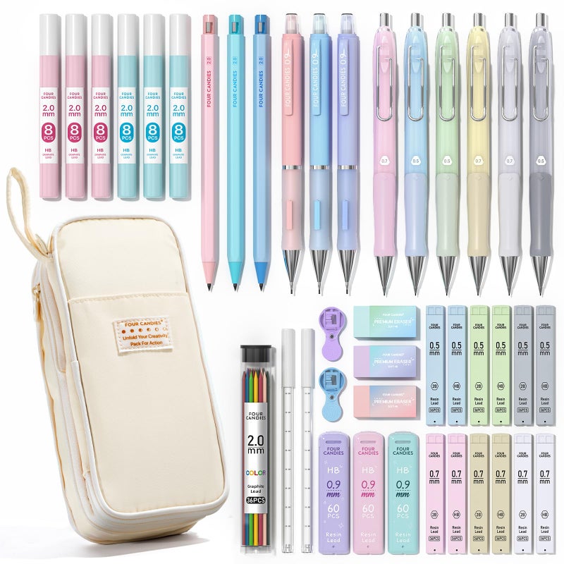 Four Candies 42PCS Aesthetic School Supplies, Mechanical Pencil Set 0.5mm, 0.7mm, 0.9mm, 2.0mm with 696 Lead Refills, Pastel Mechanical Pencils for Writing, Drawing & Drafting (Cream) - Image 1