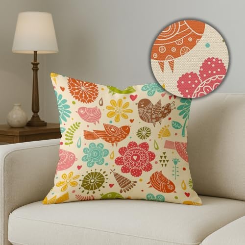 BRICK HOME Set of 5 Polycotton Printed Cushion Covers 16x16 Inches | Spring Floral & Bird Design | Multicolor Pastel on Beige | Soft Decorative Pillow Covers for Sofa, Couch & Living Room - Image 3
