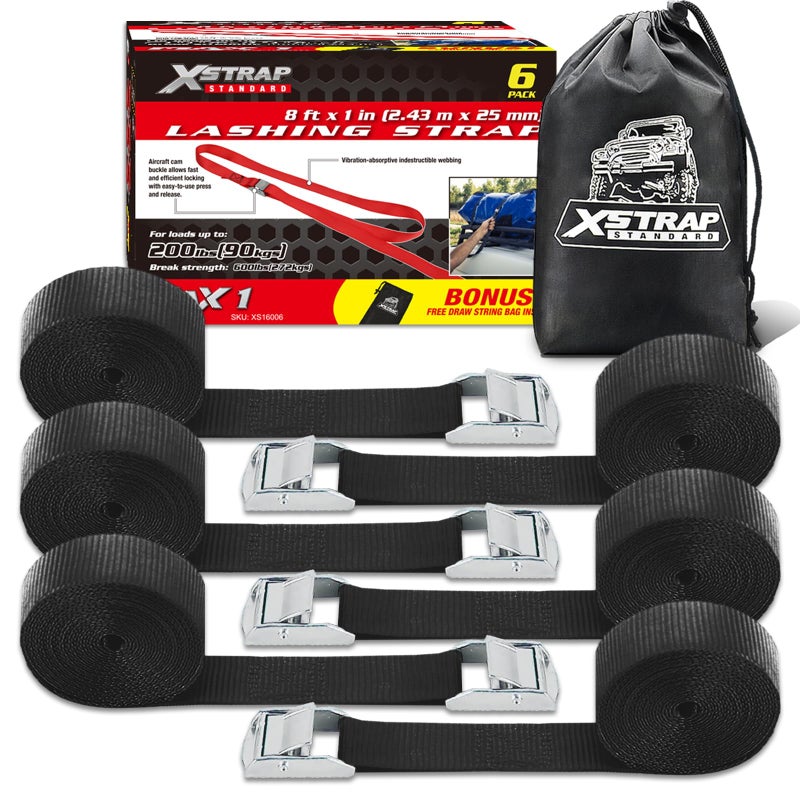 XSTRAP STANDARD Cam Buckle Straps 6PK 8FT Powersports TieDowns 1Inch Black Lashing Straps with Carry Bag for Securing Cargo Luggage Motorcycles Kayak