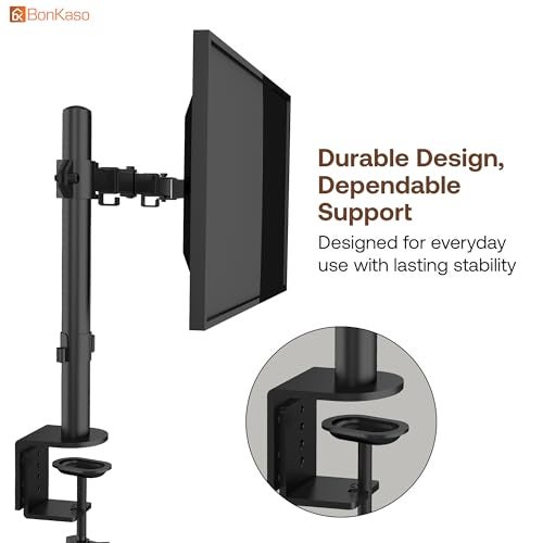 BonKaso Adjustable Single Arm Monitor Stand for Desk | Alloy Steel Durable Mount for 13”-27” Screens | 360° Rotation, Height Adjustable, Cable Management, Space Saving Monitor Arm (Black & White) - Image 2
