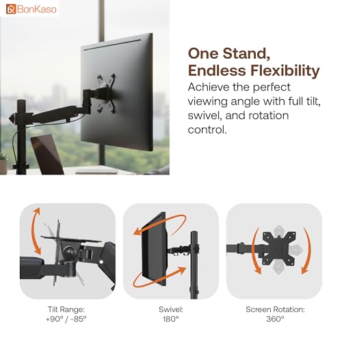 BonKaso Adjustable Single Arm Monitor Stand for Desk | Alloy Steel Durable Mount for 13”-27” Screens | 360° Rotation, Height Adjustable, Cable Management, Space Saving Monitor Arm (Black & White) - Image 3