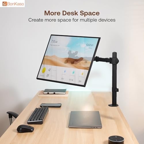 BonKaso Adjustable Single Arm Monitor Stand for Desk | Alloy Steel Durable Mount for 13”-27” Screens | 360° Rotation, Height Adjustable, Cable Management, Space Saving Monitor Arm (Black & White) - Image 4