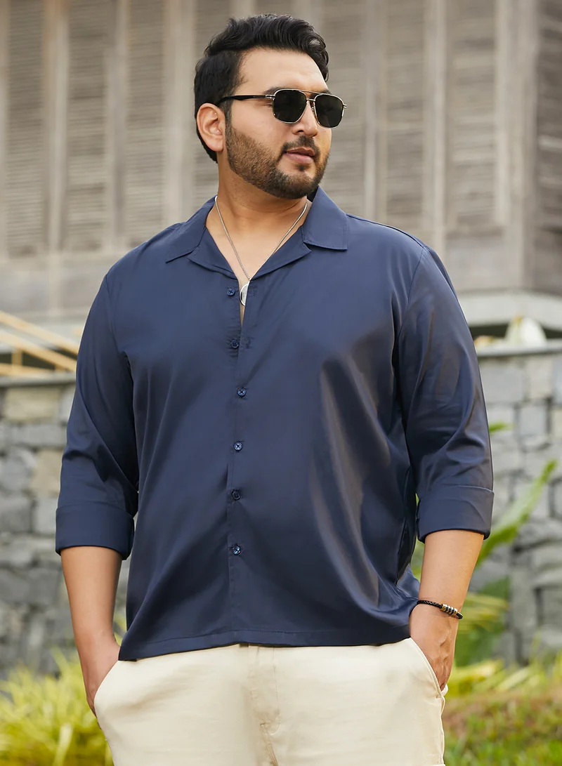 انستافاب بلس قميص رجالي أزرق بروسي مقاس كبير بياقة كوبانية وأكمام طويلة مصفدة