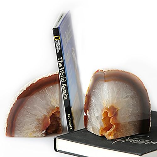JIC Gem 1 Pair(4 to 6 Lbs) Natural Agate Bookends Decorative geode Book Ends for Heavy Books with Rubber Bumpers for Shelves and Office Decoration - Image 1