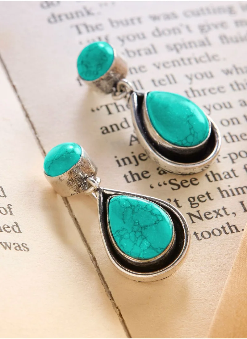 برياسي Plated Stone Studded Teardrop Shaped Oxidized Marble Drop Earrings