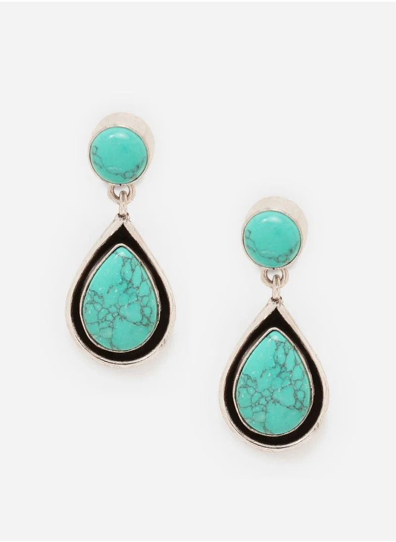 Priyaasi Plated Stone Studded Teardrop Shaped Oxidized Marble Drop Earrings