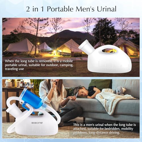 OOCOME Portable Urinals for Men, OOCOME Men Urinal Bottle Spill Proof Reusable Male Pee Bottle Camping Toilet Thicken Men's Potty 2000 ml 47.2" Long Tube with Lid - Image 2