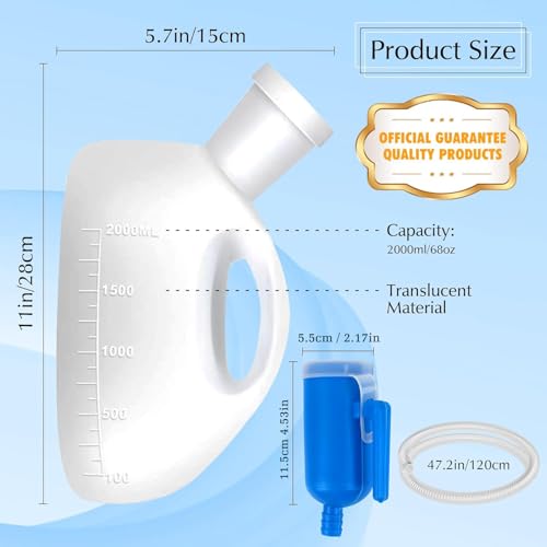OOCOME Portable Urinals for Men, OOCOME Men Urinal Bottle Spill Proof Reusable Male Pee Bottle Camping Toilet Thicken Men's Potty 2000 ml 47.2" Long Tube with Lid - Image 3