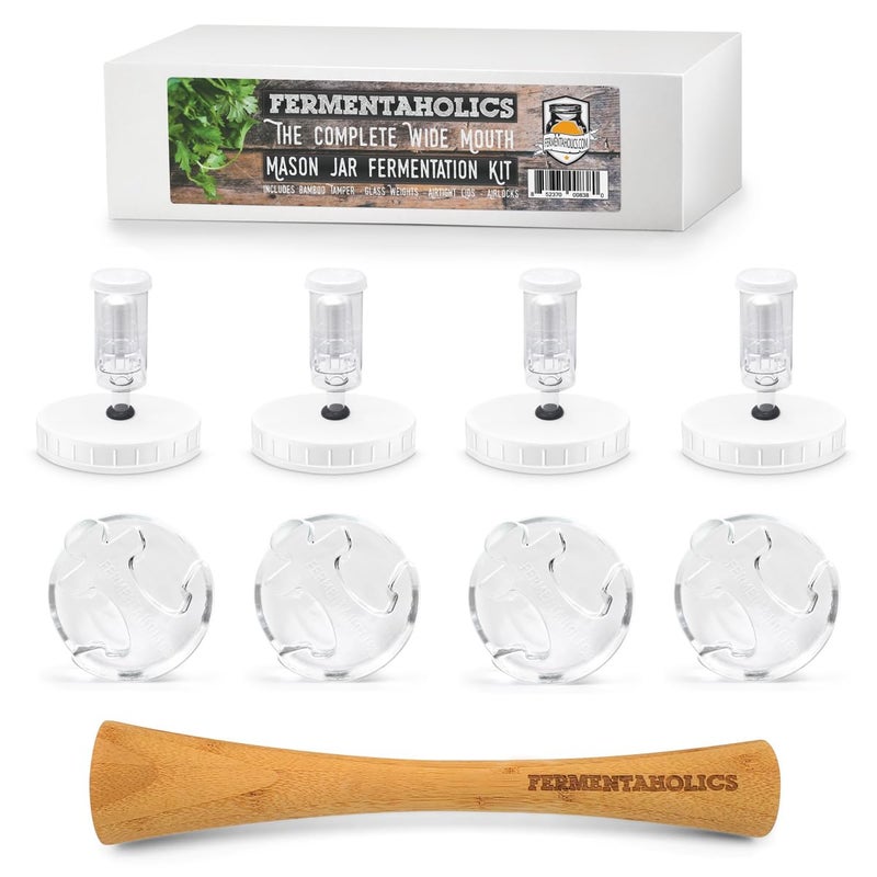 Mason Jar Fermentation Kit  Wide mouth Jar LactoFermentation Pickling Kit Includes 4 Fermentation Lids 4 Fermentation Glass Weights Bamboo Sauerkraut Tamper  Wet Erase Glass Marker