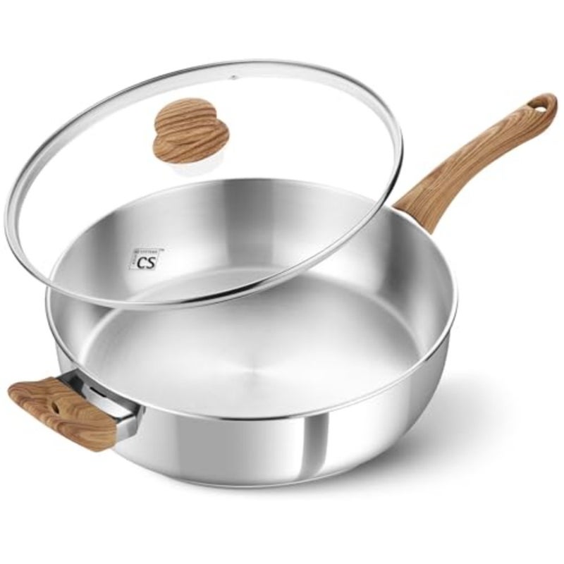 Saute Pan with Lid for Cooking, 18/10 Stainless Steel, Silver, Deep 5.2 L Capacity with Cool-Touch Bakelite Handle and Induction Compatibility - Image 1
