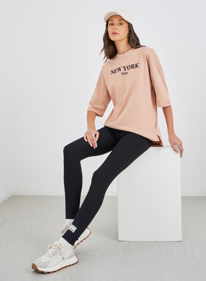 Styli Text Embroidered Oversized T-Shirt and Leggings Co-Ords - Image 1