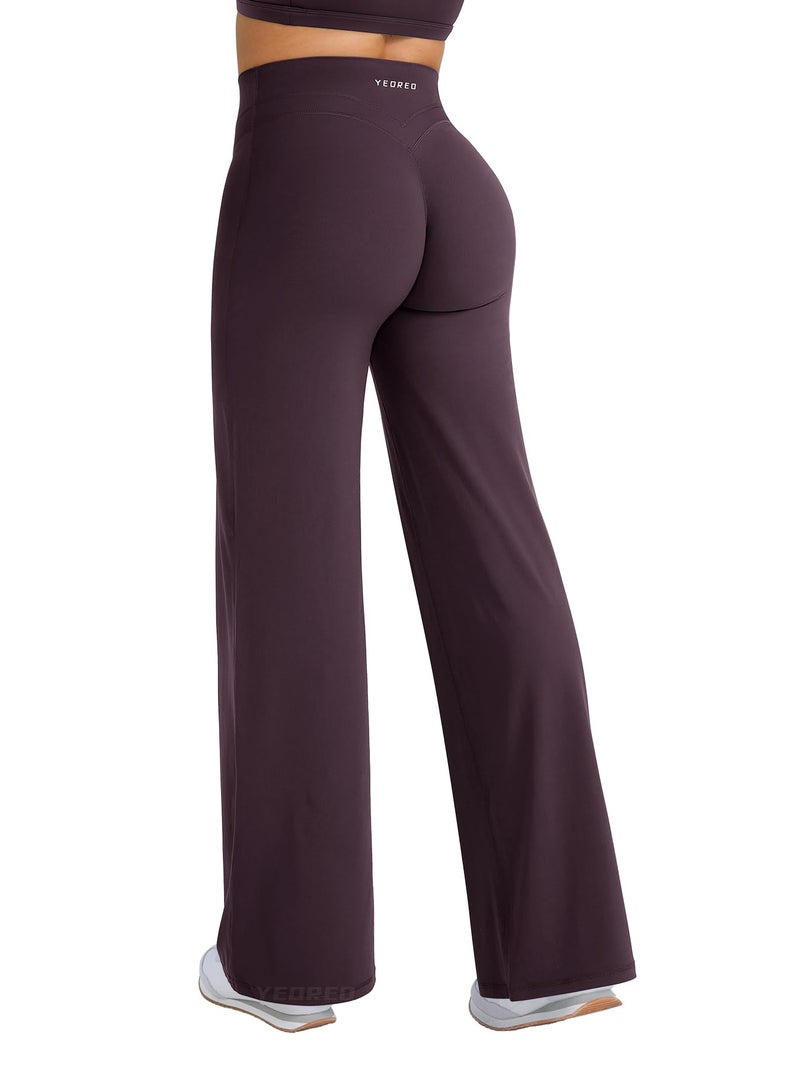 YEOREO Straight Leg Workout Leggings Hidden Scrunch High Waist Gym Pants No Front Seam Wide Leg Yoga Pants Black Berry M - Image 1