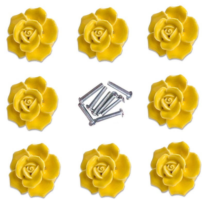 DLD Handle Knobs, Elegant Pink Rose Pulls Flower Ceramic Cabinet Knobs Cupboard Drawer Pull Handles + Screw Furniture Handle knob Ornament(8 Pieces) (Yellow) - Image 4