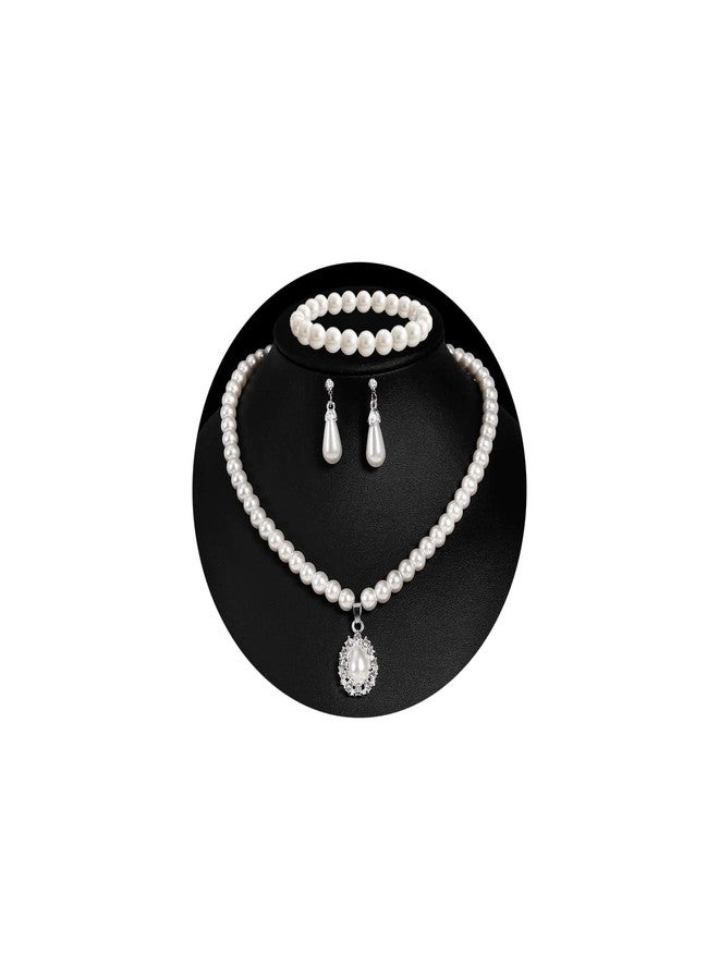 CSIYANJRY99 Pearl Necklace and Earring Set Faux Pearl Jewelry Sets for Women Imitation Beaded Pearl Necklace Bracelet Stud Earrings for Women (B) - Image 1
