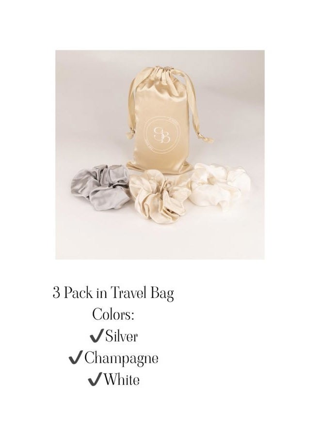 Mirabella Large 100% Mulberry Silk Scrunchies - Pack of 3 in Nude (White, Champagne, Silver) - Gentle on Hair, Comes in Stylish Satin Bag - Image 3