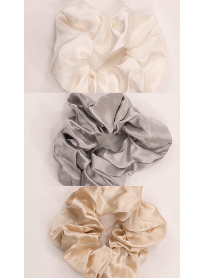 Mirabella Large 100% Mulberry Silk Scrunchies - Pack of 3 in Nude (White, Champagne, Silver) - Gentle on Hair, Comes in Stylish Satin Bag - Image 5