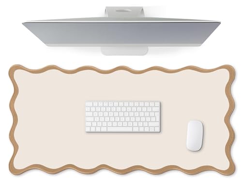 Hahafelt Scalloped Desk Mat Large Desk Pad Cute Coquette Table Mat Back to School Preppy Table Make up Pad Nonslip Graduation Gift with Stitching Waterproof GamingBeige315 x 158 Inches - Image 1