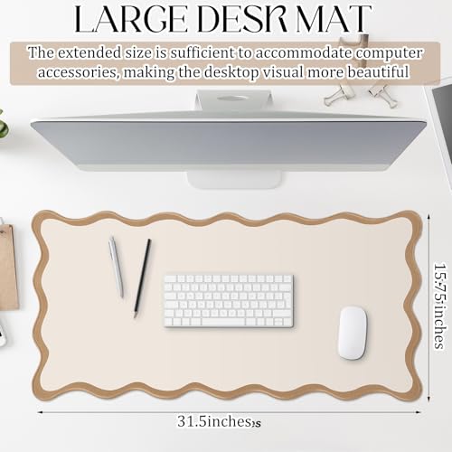 Hahafelt Scalloped Desk Mat Large Desk Pad Cute Coquette Table Mat Back to School Preppy Table Make up Pad Nonslip Graduation Gift with Stitching Waterproof GamingBeige315 x 158 Inches - Image 3