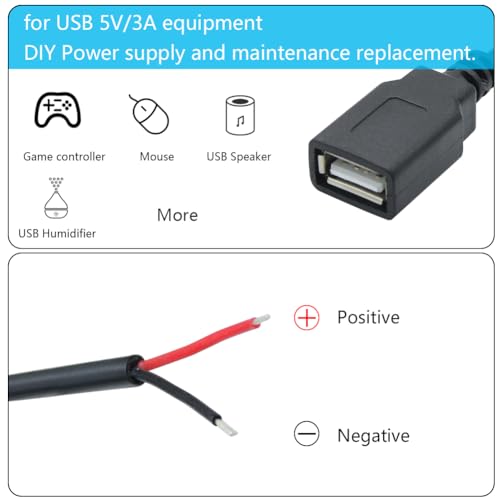 Maixbomr 2Pcs Short USB A Female 2 Pin Bare Wire 11inch, USB 5V/3A Pigtail Open End Power Cable, for USB Equipment Installed or Replace Repair DIY Cable - Image 4