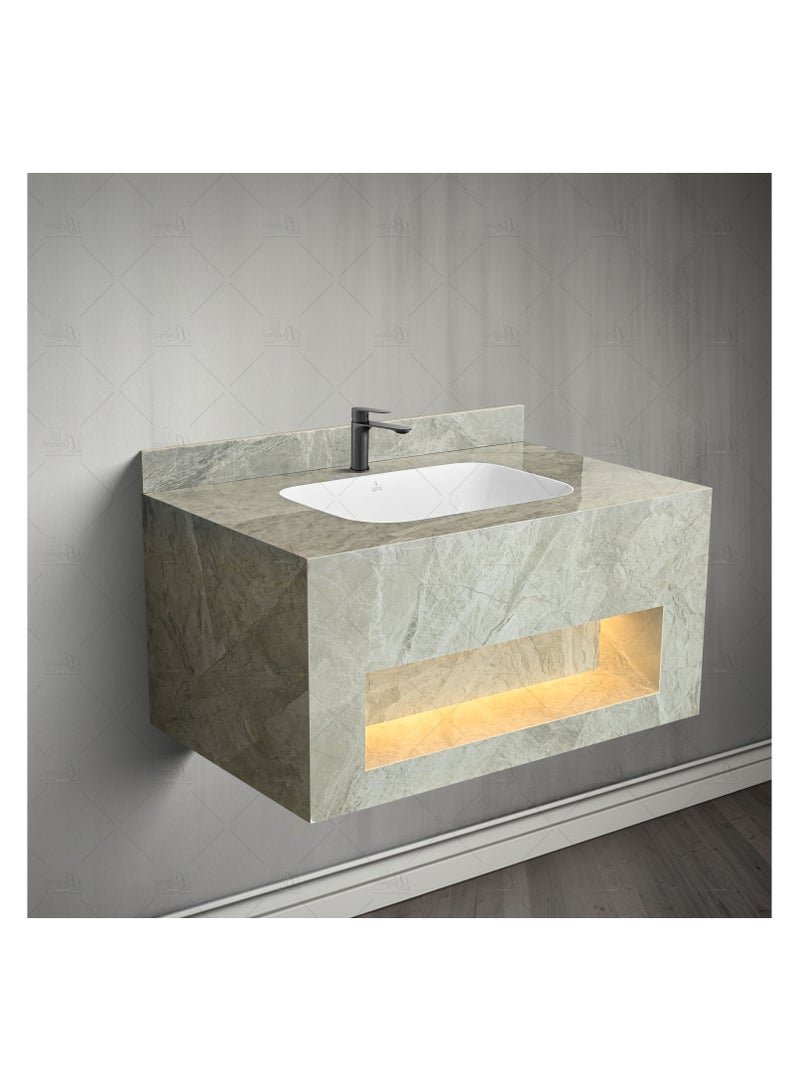 B Bagno Rock Plate Cabinet Counter With Wash Basin & LED Mirror Cabinet CB29 (80x50cm) - Image 1