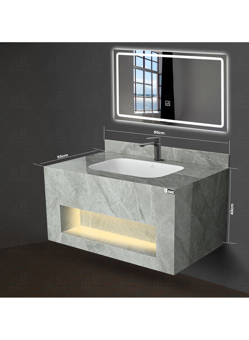 B Bagno Rock Plate Cabinet Counter With Wash Basin & LED Mirror Cabinet CB29 (80x50cm) - Image 2