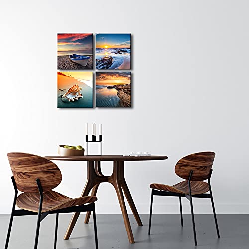 Pyradecor Sunset Sea Beach Modern Seascape Pictures Paintings on Canvas Wall Art 4 Panels Stretched Canvas Prints Artwork for Living Room Bedroom Home Office Decorations - Image 4