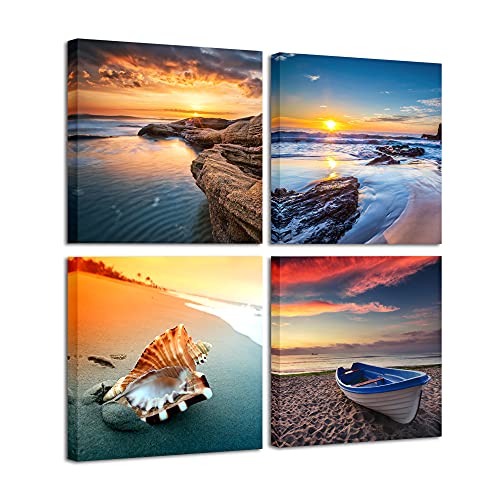 Pyradecor Sunset Sea Beach Modern Seascape Pictures Paintings on Canvas Wall Art 4 Panels Stretched Canvas Prints Artwork for Living Room Bedroom Home Office Decorations - Image 1