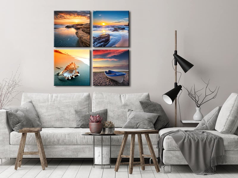 Pyradecor Sunset Sea Beach Modern Seascape Pictures Paintings on Canvas Wall Art 4 Panels Stretched Canvas Prints Artwork for Living Room Bedroom Home Office Decorations - Image 2