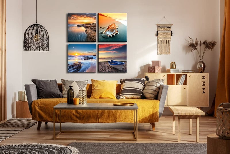 Pyradecor Sunset Sea Beach Modern Seascape Pictures Paintings on Canvas Wall Art 4 Panels Stretched Canvas Prints Artwork for Living Room Bedroom Home Office Decorations - Image 3