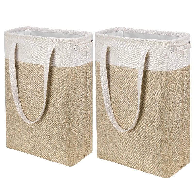 Laundry Hampers Tall Slim Laundry Baskets Thin Foldable Clothes Narrow Hamper for Laundry Storage Organizer Collapsible Hamper with White and Brown Imitated Burlap PatchworkQYSC242