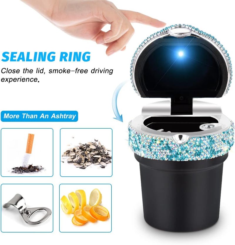 eing Car Ashtray Portable Bling Cigarette Smokeless Cylinder Cup Holder with Blue LED Light Indicator and 2 Replacement Batteries,Car Accessories for Women,Ideal for Car,Home and Office,1-Pack Blue - Image 2
