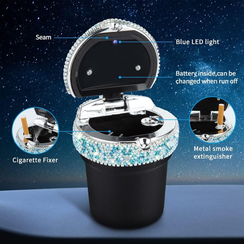 eing Car Ashtray Portable Bling Cigarette Smokeless Cylinder Cup Holder with Blue LED Light Indicator and 2 Replacement Batteries,Car Accessories for Women,Ideal for Car,Home and Office,1-Pack Blue - Image 5
