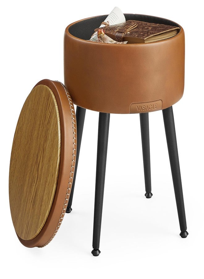VASAGLE EKHO Collection - Storage Ottoman, Vanity Chair Stool, Synthetic Leather with Stitching, Mid-Century Modern, Round Storage Seat with Steel Legs, Loads 330 lb, Caramel Brown ULOM005K01 - Image 1